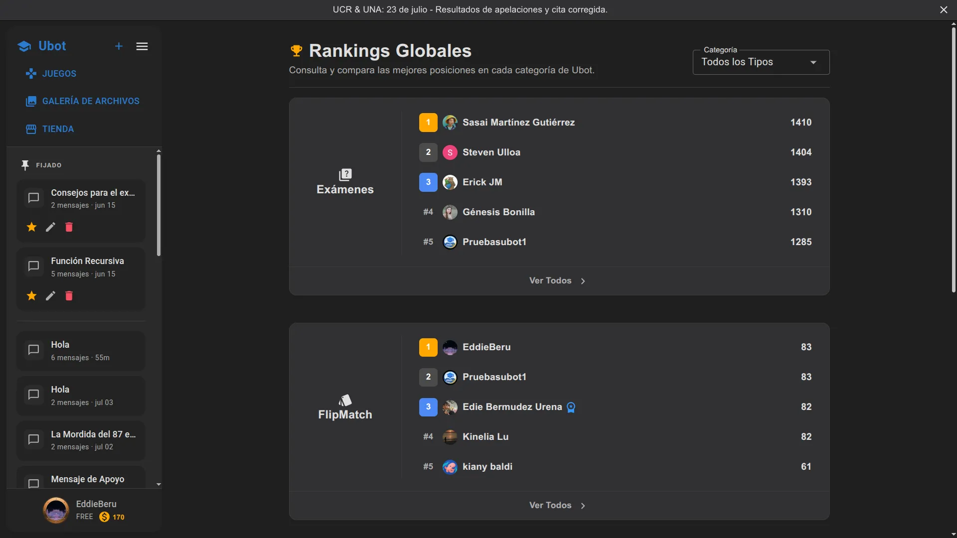Ranking global de exámenes ordenado por ELO