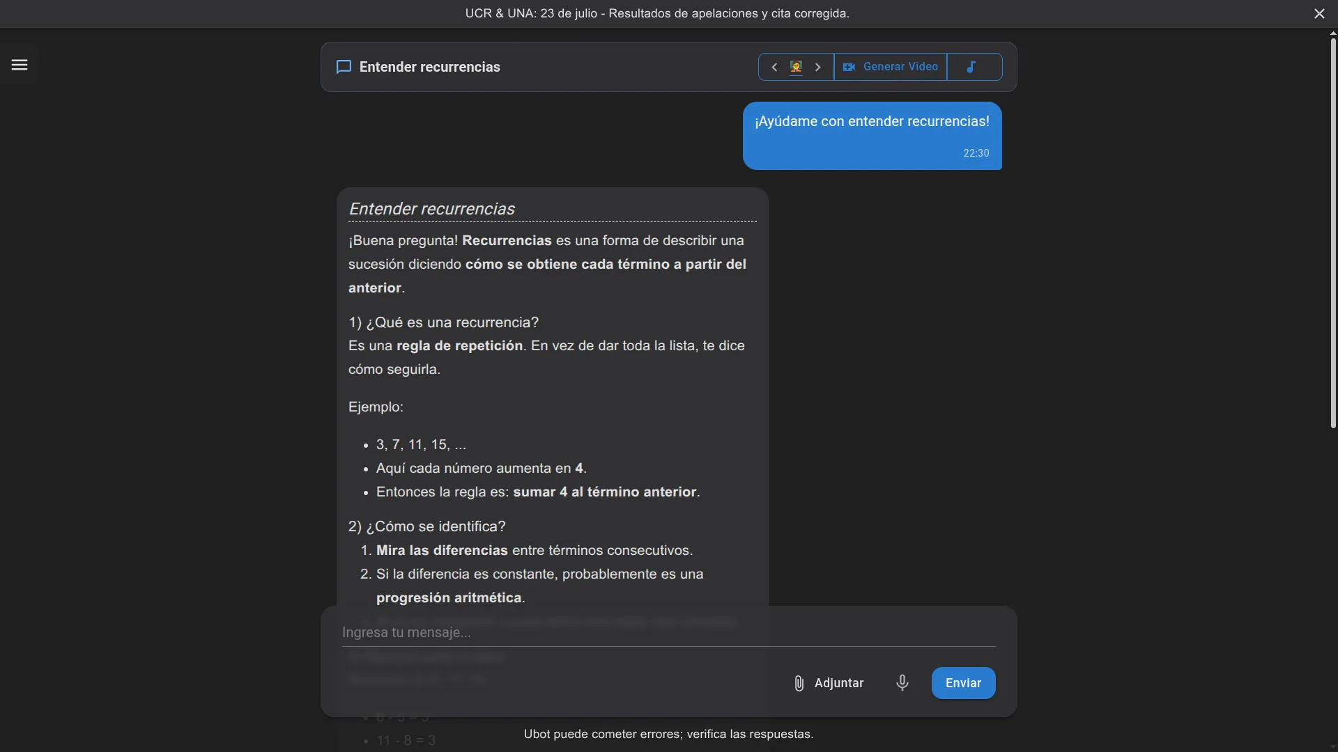 Chat de Ubot resolviendo una duda con recurrencias